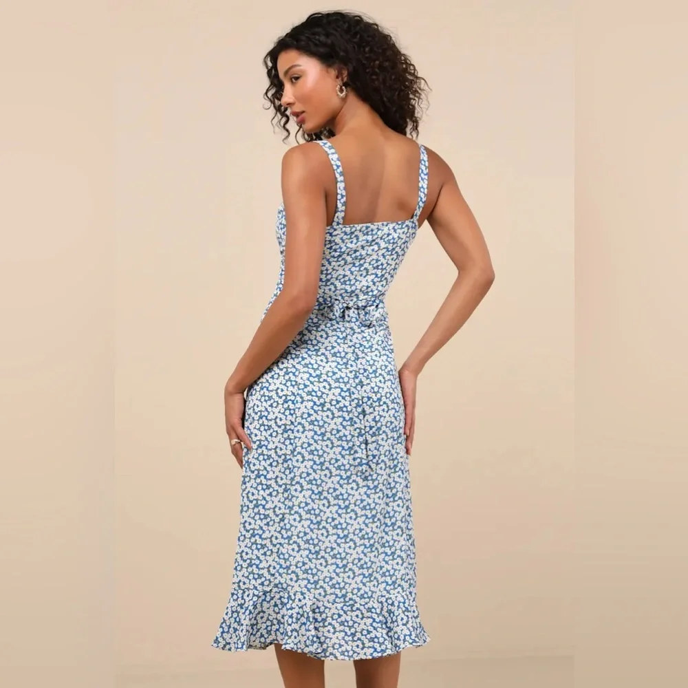 Lulus Darling Daisies Blue Floral Print Midi Dress - Size M - Picture 4 of 11